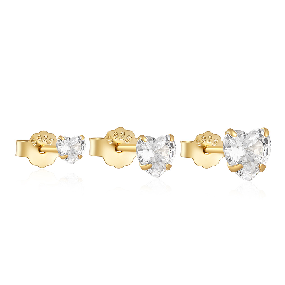 Inlay Design 3 Pieces Set 925 Sterling Silver Zircon Heart Shape Ear Studs