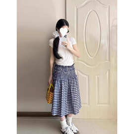 两穿设计感蓝色格子抹胸背心女夏季法式设计感休闲伞裙露背短裙