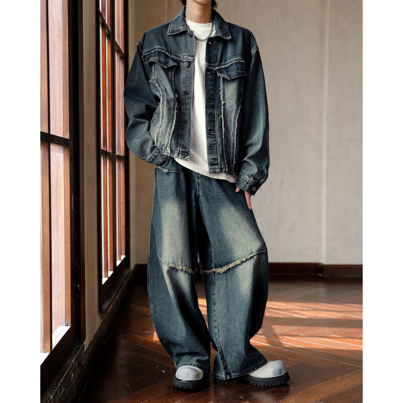 American Retro Silent Blue Washed Distressed Denim Jacket Set Men's Jeans Autumn Winter Jacket Trendy