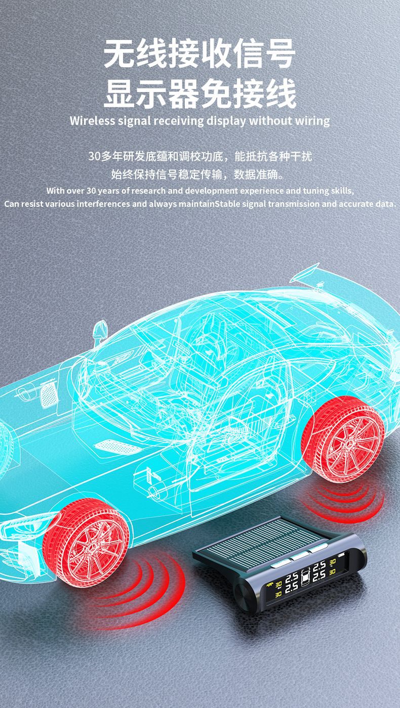 Car Tire Pressure Monitor Solar-Powered Wireless Tire Pressure and Temperature Real-Time Tire Detection System for Four Wheels, Internal and External