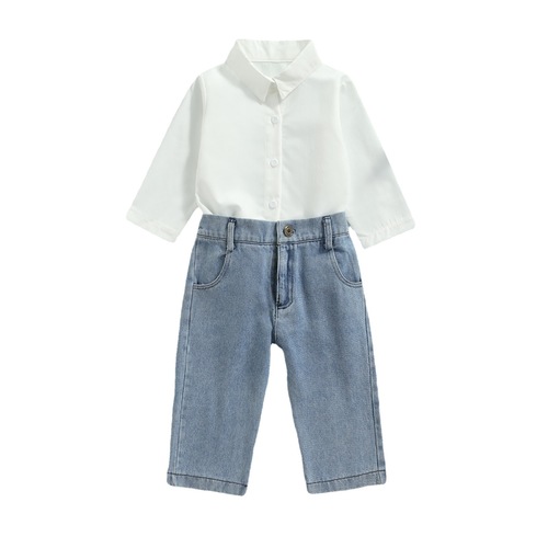  European and American children's clothing autumn new style girls white long-sleeved shirt high-waist denim trousers suit dropshipping
