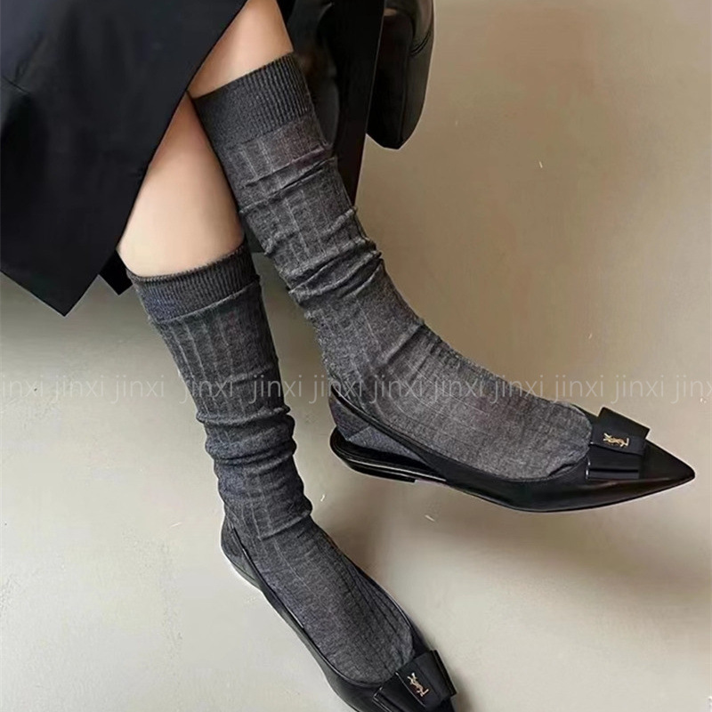Catwalk Australian Velvet Knitted Calf Pile Socks, Design Pure Color Vertical Pattern Stacked Gray Mid-Calf Socks