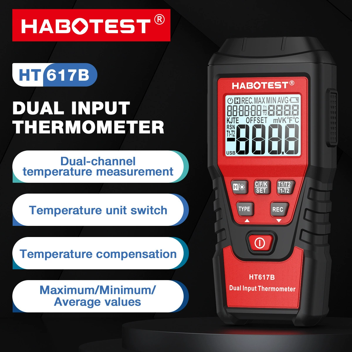 HABOTEST/Huabo HT617B цифровой дисплей двухканальный термопарный термометр термометр для измерения температуры стандартный тип K