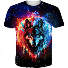 工厂直销2025跨境3D数码印花休闲冰与火狼头图案男装透气宽松短袖