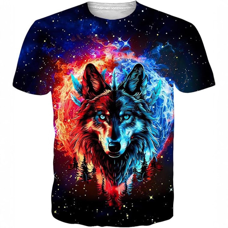 工厂直销2025跨境3D数码印花休闲冰与火狼头图案男装透气宽松短袖