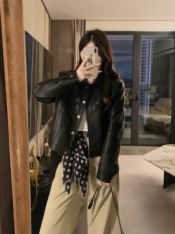韩版翻领皮衣短款外套女2025秋季新款感气质显瘦休闲夹克上衣|undefined