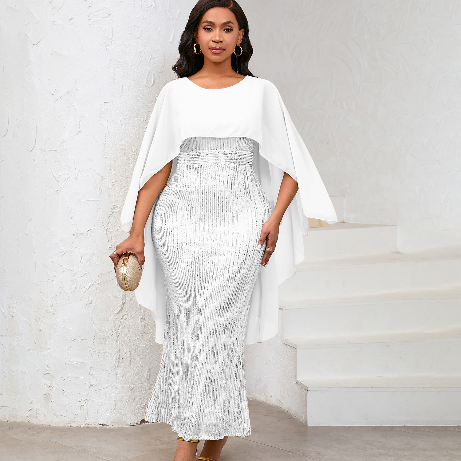 Women's Spring New Fashion Chiffon Cloak Sequins Buttocks Long Dress Banquet Party Dress_ecoleips.com