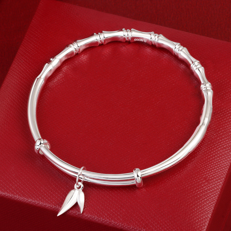 Bamboo Silver Bracelet 999 Foot Silver Women's Gone Solid Bamboo Leaf Adjustable Sterling Silver Ethnic Style Silver Bracelet Young Style