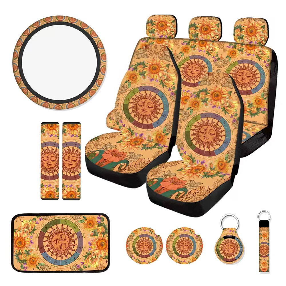 Экспорт товаров за границу в Европу и Америку, набор из 15 чехлов для автомобильных сидений с принтом Amazon: желтые звезды, луна, подсолнухи.