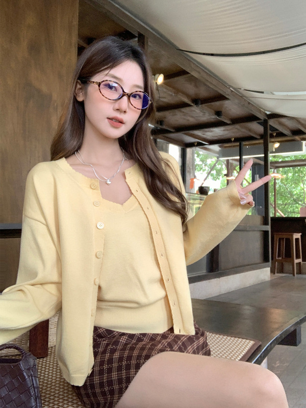 黄色毛针织长袖开衫女装2025早秋氛围感穿搭花边纽扣外套宽松上衣|undefined