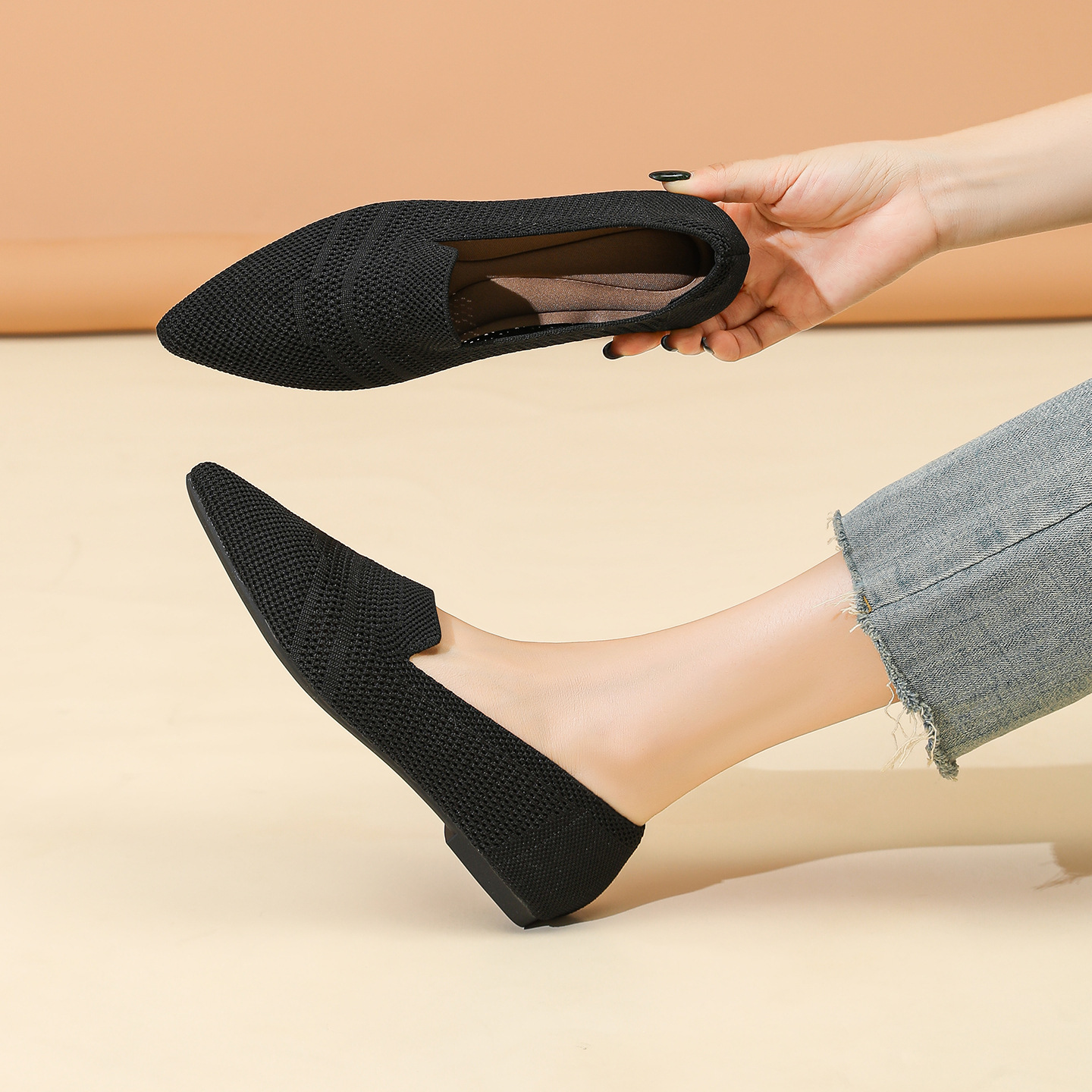 Damen Ballerinas Aus Strick Mit Weicher Sohle Für Den Herbst_voghion.com
