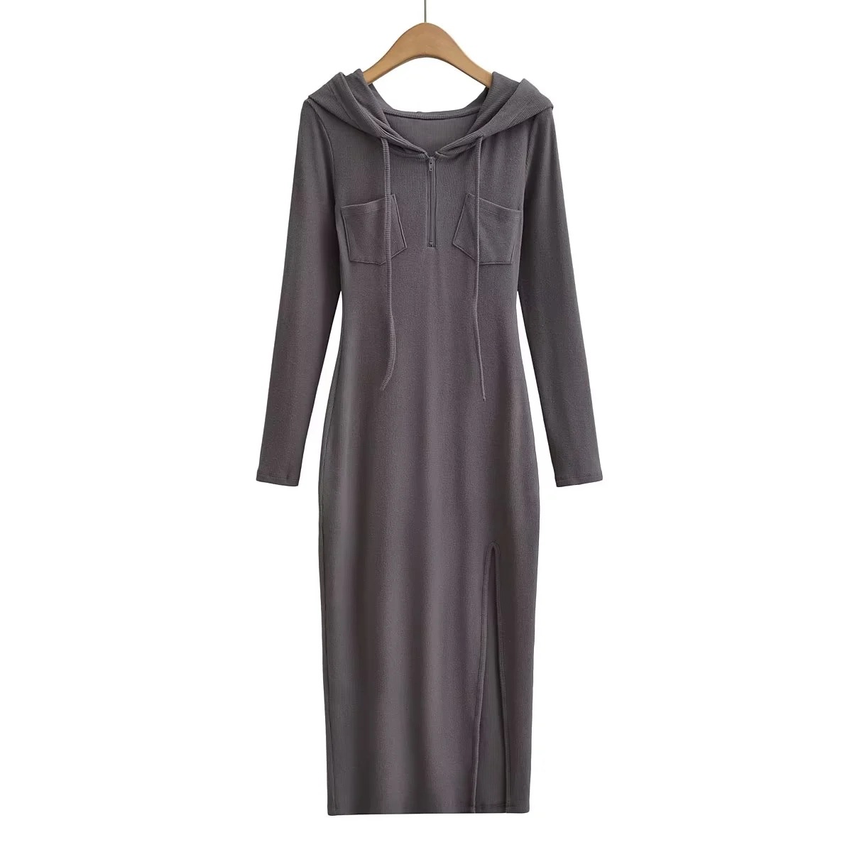 solid color hooded drawstring fleece zipper high waist slit dress NSZQW138953