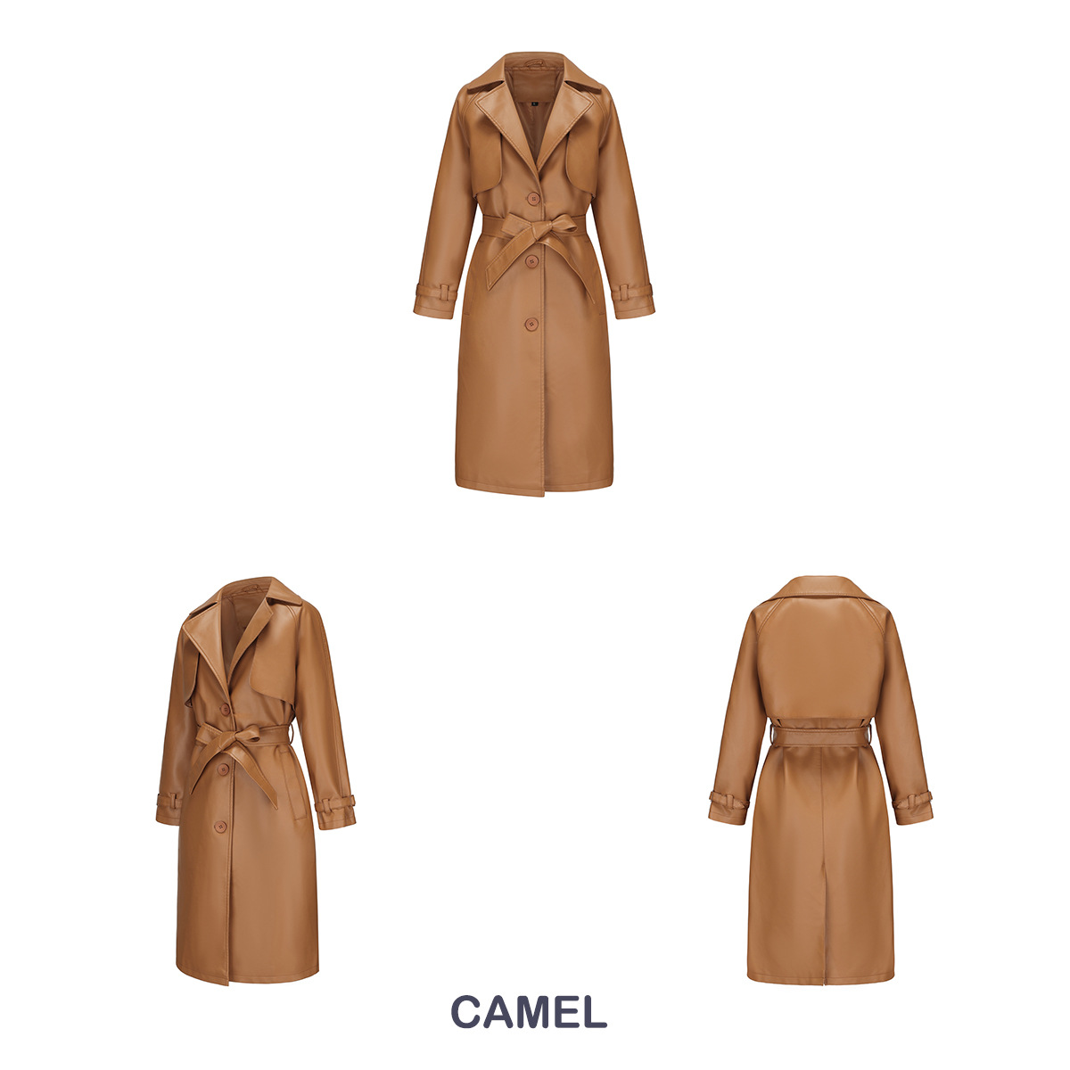 Women's Clothing 24 Spring and Autumn Women's Windbreaker Long Loose Jacket PU Leather Jacket Women's OVERSIZE Classic Lapel Jacket with Belt_voghion.com