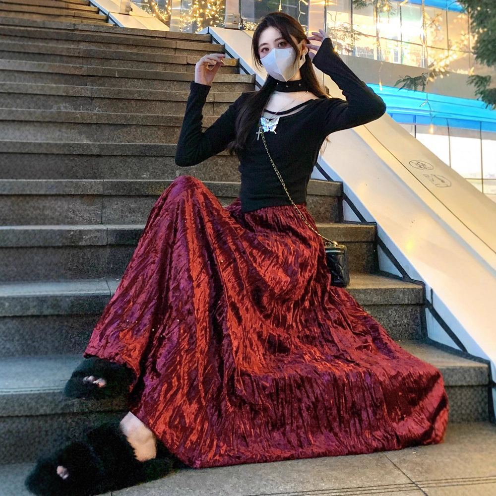 2025秋冬复古感红色金丝绒半身裙女遮胯垂感a字百褶伞裙大摆长裙