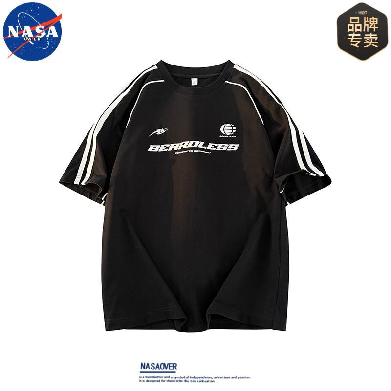 NASA Brand American Style Trendy Short-sleeved T-shirt Men's 2025 Summer Letter Print Three Bars Loose All-match Top