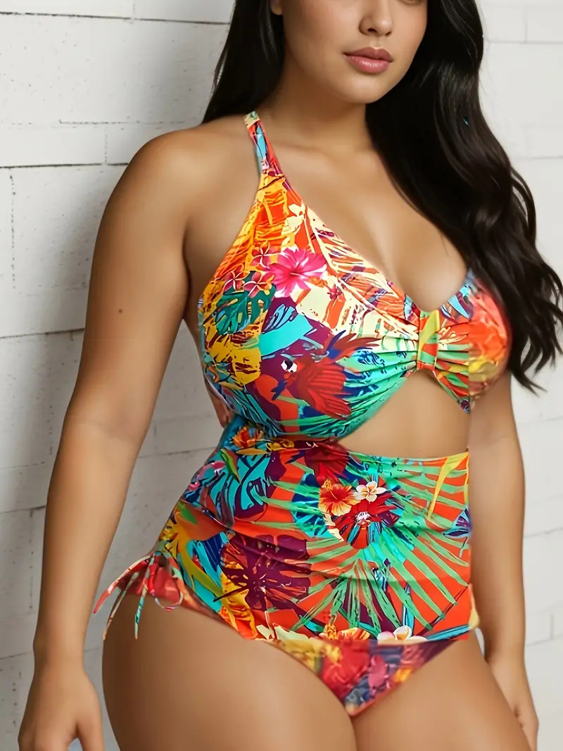 Tropical Pattern Hollowed-out Cross-back Strap Multi-color Printed Sexy Plus-size Swimsuit TK014_voghion.com