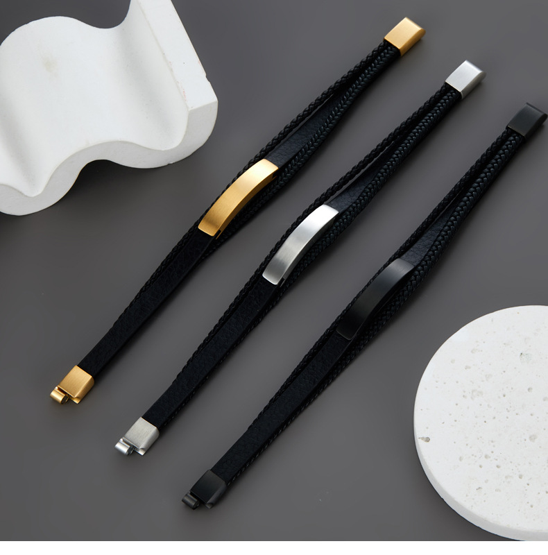 24g Weight Vacuum Plating Gold Plating Process Magnetic Clasp Closure Clasp Closure Type Bracelets, Bangle Classification Leather Rope Chain Material 1 Piece Quantity Men's Retro Bracelets Bangle Customization Laser Engraving Solid Color 304 Stainless Steel Braid Vacuum Plating Men Cord & Leather Bracelets