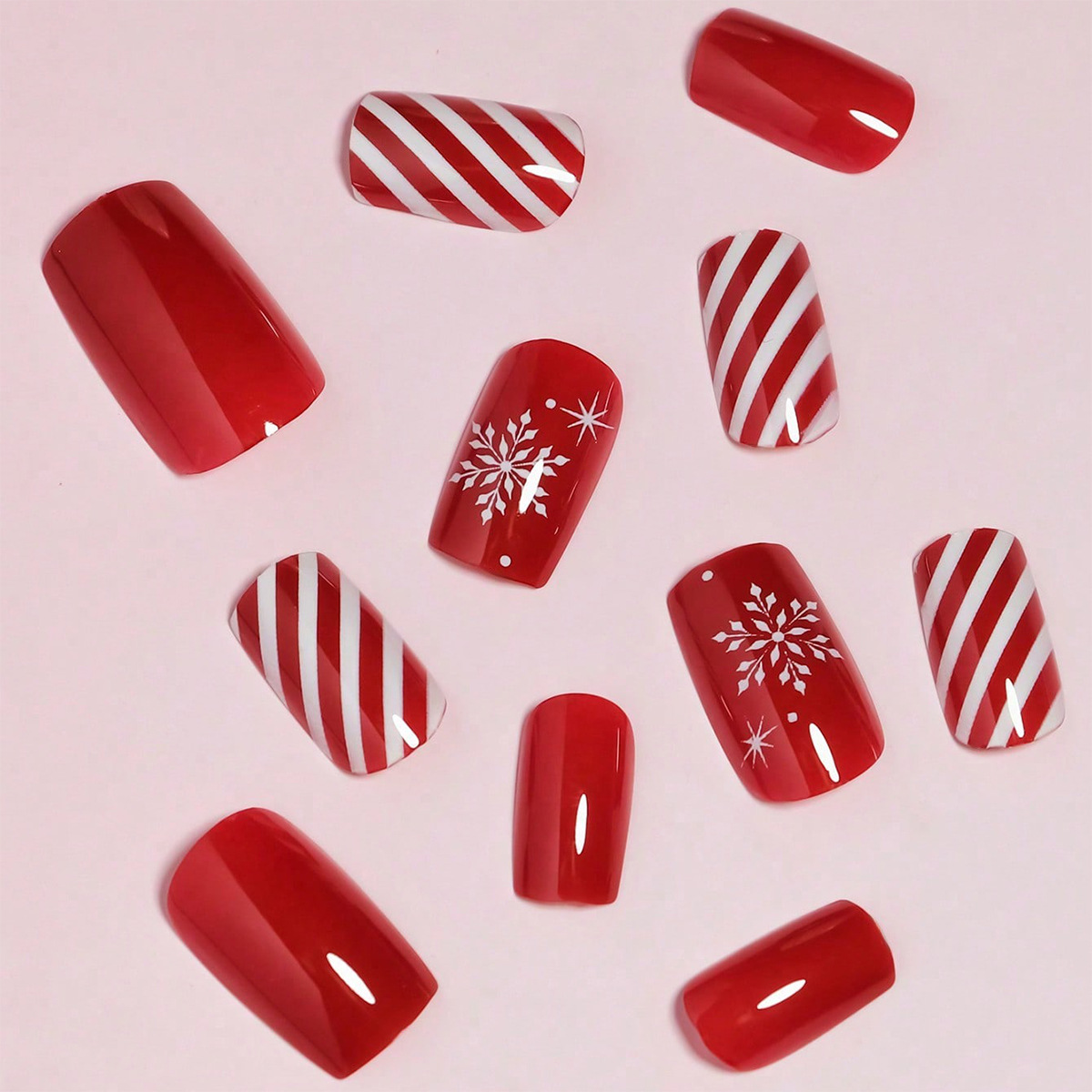 Navidad transfronteriza rojo para usar uñas rojas y franjas blancas cuadradas uñas falsas para usar copo de nieve de Navidad manicure