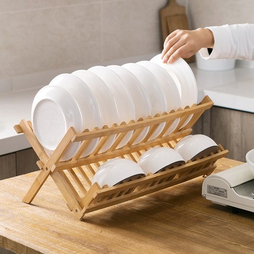 Bowl rack, cutlery rack, double-layer kitchen drain bowl rack, bamboo dish rack, storage foldable drain bowl