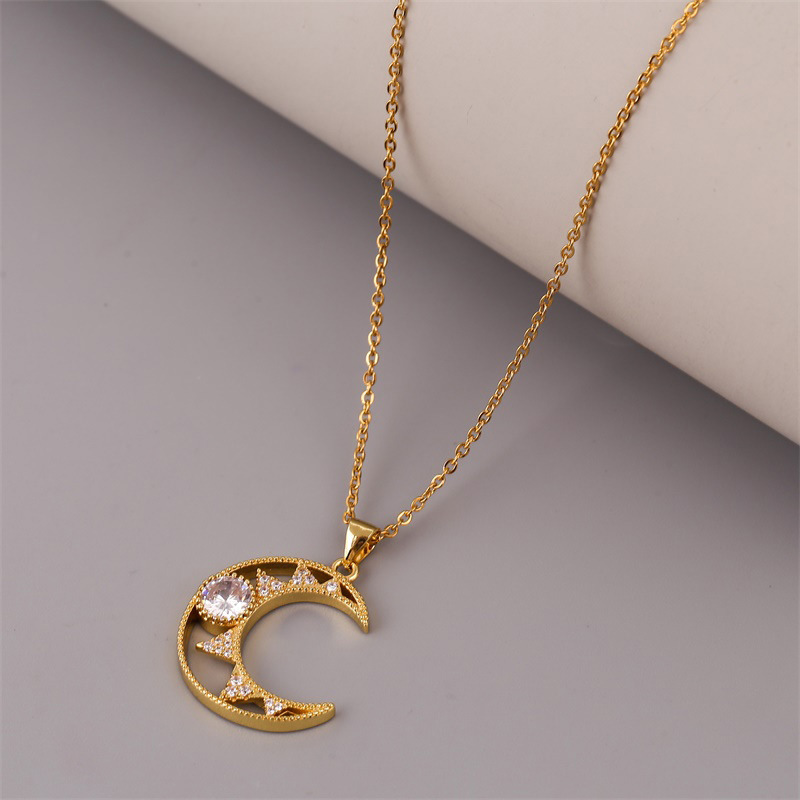 Fashion Hollow Copper Inlaid Zirconium Moon Necklace Wholesale Nihaojewelry display picture 5