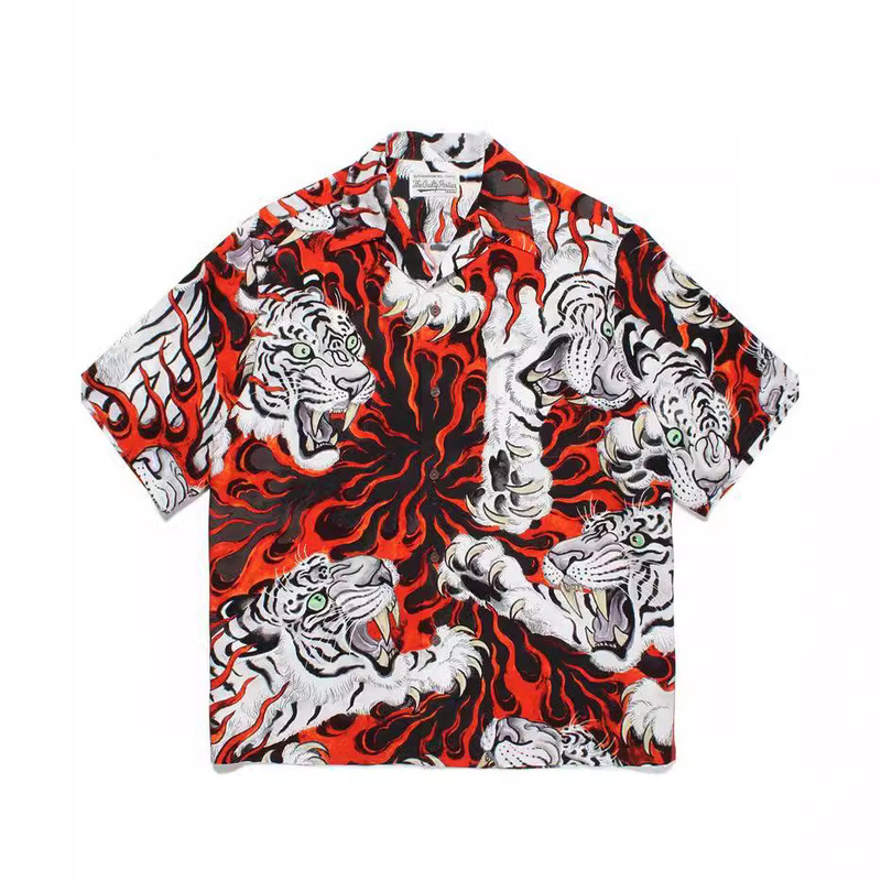 Wacko Maria 23Ss Tiger Tim Lehi Flame Tiger All-Over Printed Cuban Collar Hawaiian Short-Sleeved Shirt