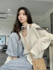 慵懒风设计感镂空长袖V领针织衫女夏季宽松感防晒衫罩衫上衣