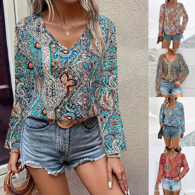2025 European and American New Hot-Selling Women's Bolo Shirt Paisley Print V Neck Long-Sleeved Shirt Women's Clothing