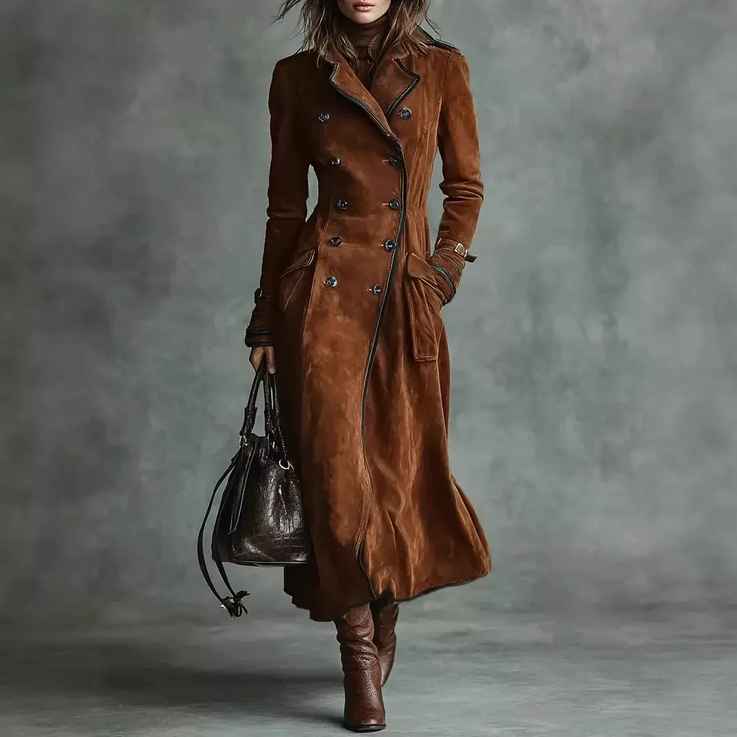 2025欧美女装亚马逊 跨境新款秋冬翻领西部风 双排扣长款风衣外套