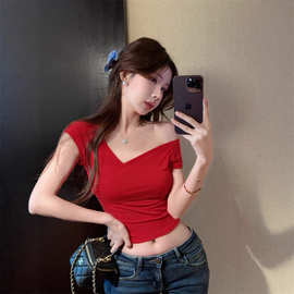 v领交叉辣妹短袖T恤女夏季收腰紧身气质红色短款小众美式性感上衣