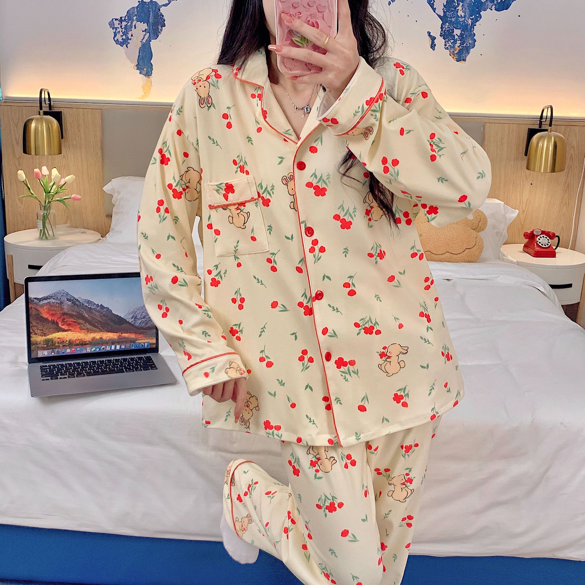 Pijamas al por mayor transfronterizos de mujeres otoño invierno manga larga princesa de dibujos animados de ternilla viento red roja cardigán otoño invierno ropa de hogar se puede usar fuera