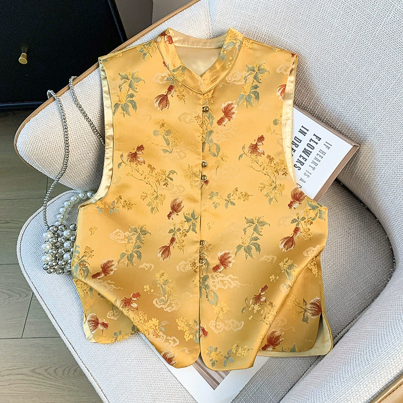 Реальная стрельба Новый китайский летний национальный стиль темперамент круглый воротник атласный жакет жаккардовый вышивка национальный стиль дикий жилетка