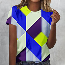 新款欧洲站女装撞色彩色格子圆领t恤大码显瘦厂家批发ME15