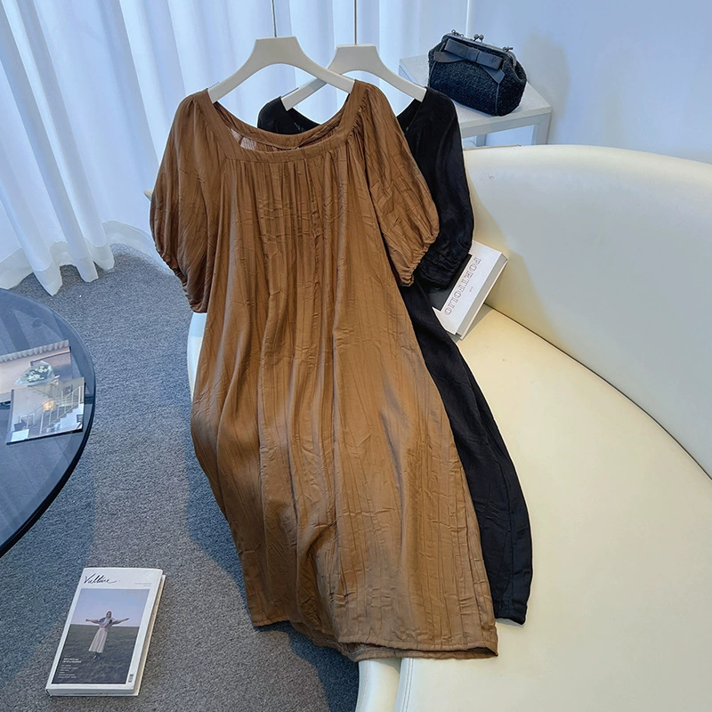 Высокое качество 240 фунтов плюс большой размер морщинистый Трасс литературный досуг простой цвет сплошной цвет морщин с короткими рукавами платье жирный MM