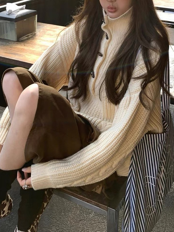济州橙酒 麻花针织毛衣套头纽高领way休闲韩系衣女|undefined