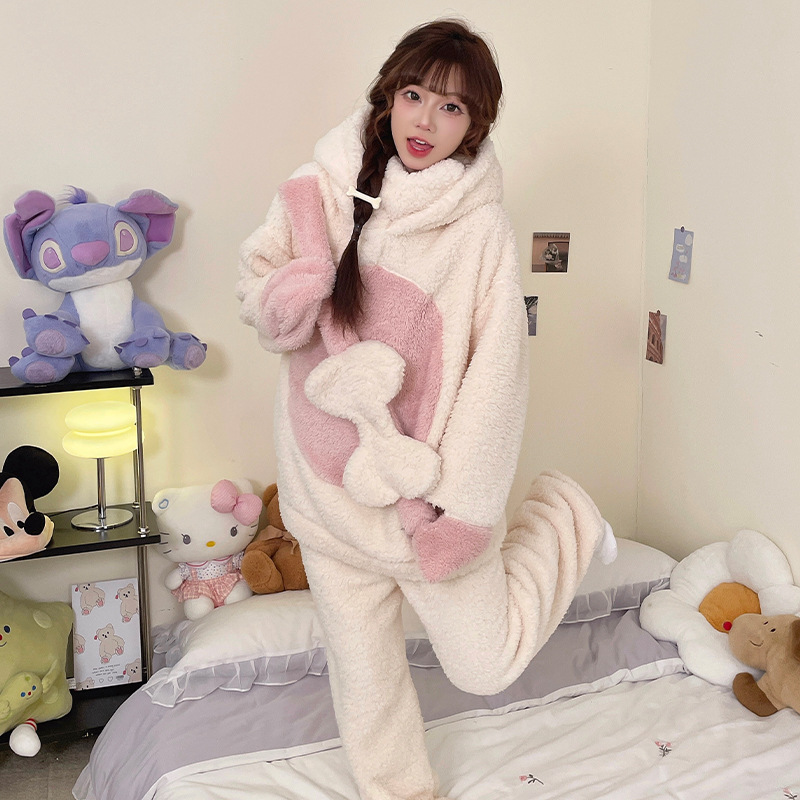 Autumn and Winter New Lamb Velvet Thick Hooded Pajamas Home Clothes Soft Fluffy Warm Comfortable Loose Pajamas Set
