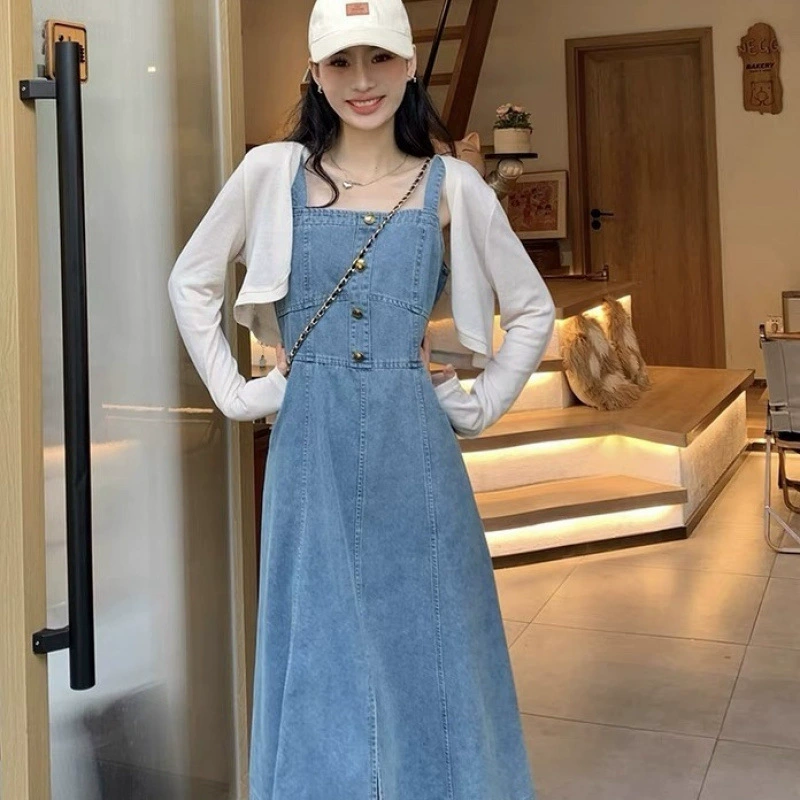 2025 новый комплект из двух предметов: джинсовая юбка-миди с подтяжками, утягивающая талию, в стиле французского леса, без рукавов