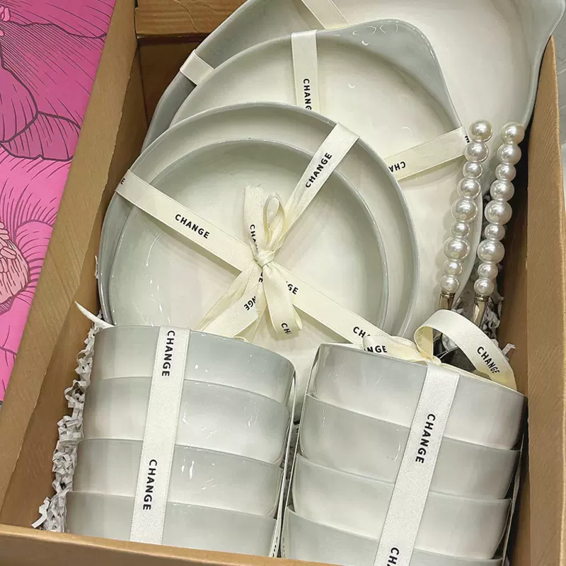陶瓷碗碟套装简约渐变绿加厚高温釉下彩菜盘饭碗全套组合家用餐具