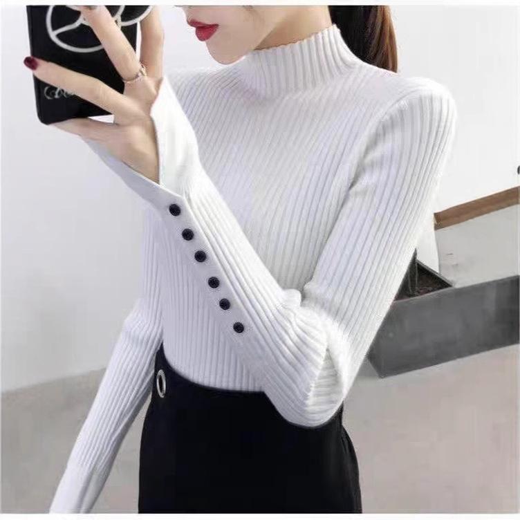 Core-Spun Yarn Sweater Button Sleeve Split Top Women's Autumn and Winter New Half-High Collar Stylike Base Shirt