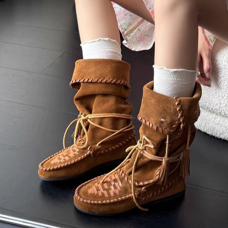 内增高复古流苏绑带西部靴2025年秋冬季新款显瘦靴筒可翻折堆堆靴