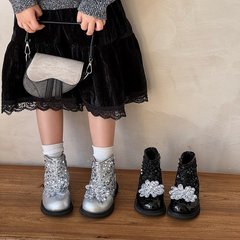 女童公主短靴秋冬款儿童靴子亮片水晶公主鞋银色洋气小女孩马丁靴