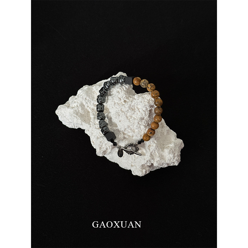 European and American Cross-Border Volcanic Stone Lava Square Picture Stone Bracelet Hip-Hop Fashion Cool Design Couple Bracelets