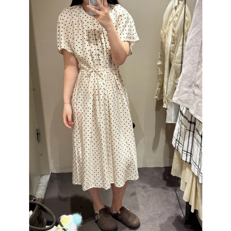 In Stock Cs Women's Pleated Round Neck Short-Sleeve Tie Long Dress 1326267002 Spring 1326267001