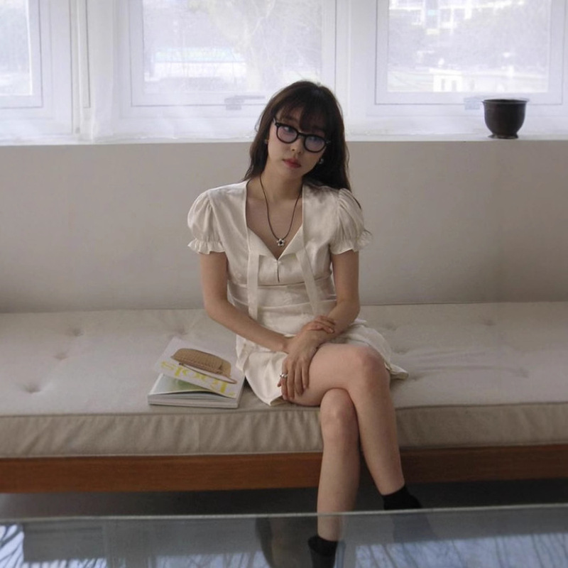 In Stock Acetate Satin Jacquard Sweet Puff Sleeve 2025 Exquisite Waist Dress for Women Overduefla*R