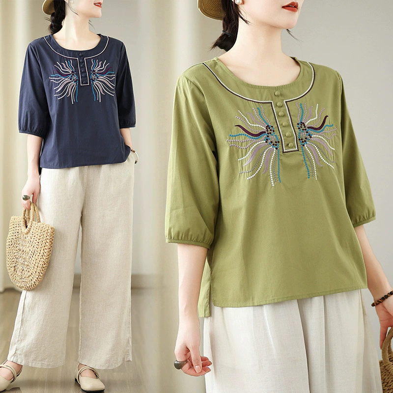 Летняя ретро рубашка с вышивкой, на пуговицах, круглый вырез, однотонная, средняя длина рукава, женская футболка 2025 года