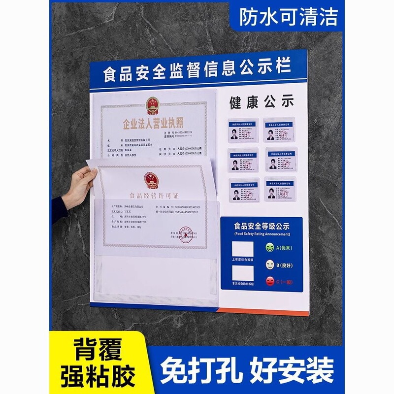 Food Safety Information Display Board, Business License Frame, Wall-Mounted Three-in-One Health and Sanitation Permit Display Board