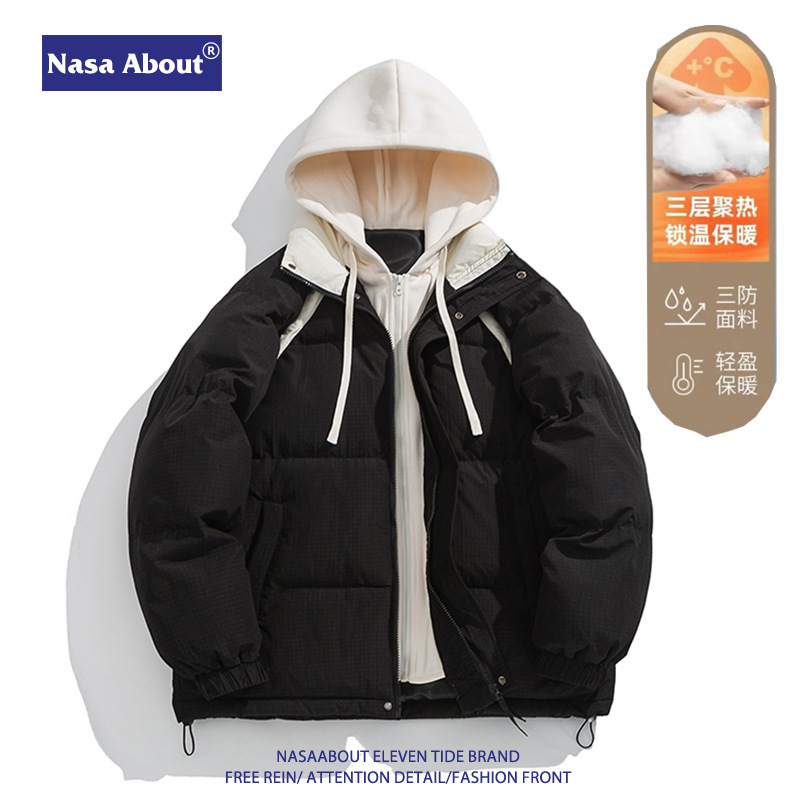 NASA 트렌디 한 브랜드 겨울 가짜 2 피스 스티칭 후드 코튼 패딩 재킷 남녀 복고풍 커플 옷 따뜻한 내한성 올매치 코튼 패딩 옷