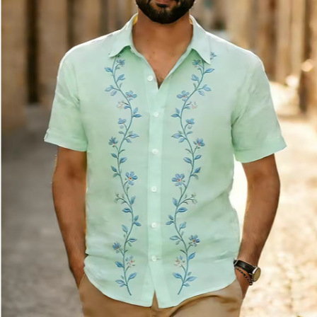 Men's Retro Ethnic Floral Print 3D Printed Short-Sleeve Guayabera Shirt with Button-Down Turn-Down Collar Men's Retro Ethnic Floral Print 3D Printed Short-Sleeve Guayabera Shirt with Button-Down Turn-Down Collar