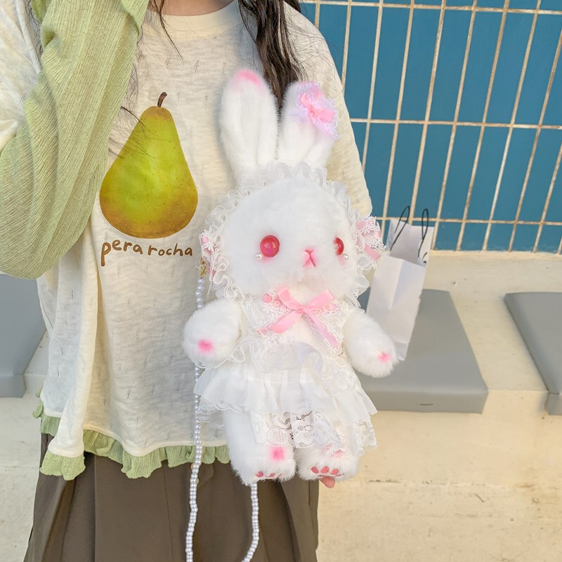 Soft and Cute Blush-Colored Rabbit Plush Bag, Japanese-Style Girly Lolita Crossbody Bag, High-Appearance Casual Small Backpack