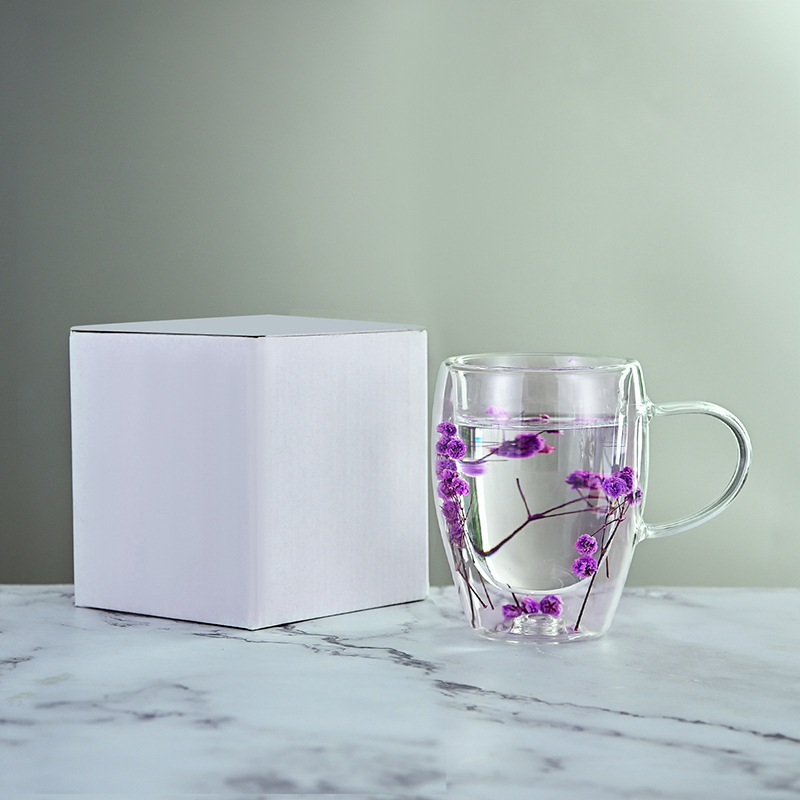 Caneca de vidro parede dupla resistente ao calor com flores secas_voghion.com