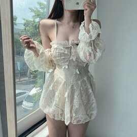 泳衣士连体吊带长袖裙式保守遮肚显瘦聚拢2022新款仙女范温泉泳装